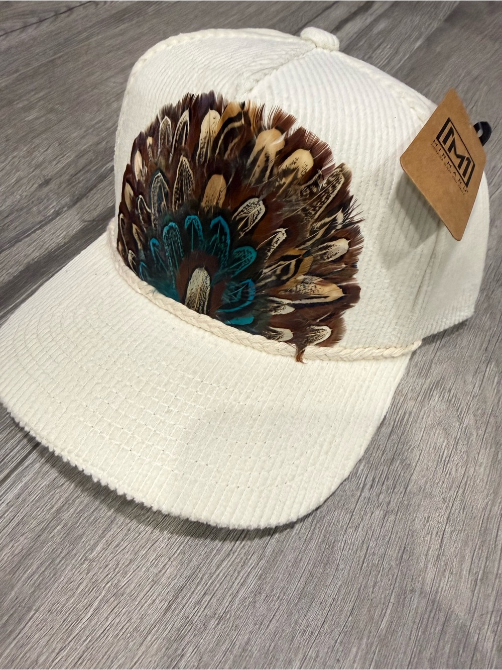 Kids White Feather Accent Cap with Teal Detail